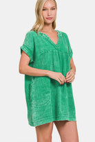 Zenana Kelly Green Washed Notched Short Sleeve Mini Dress KGREEN Trendsi