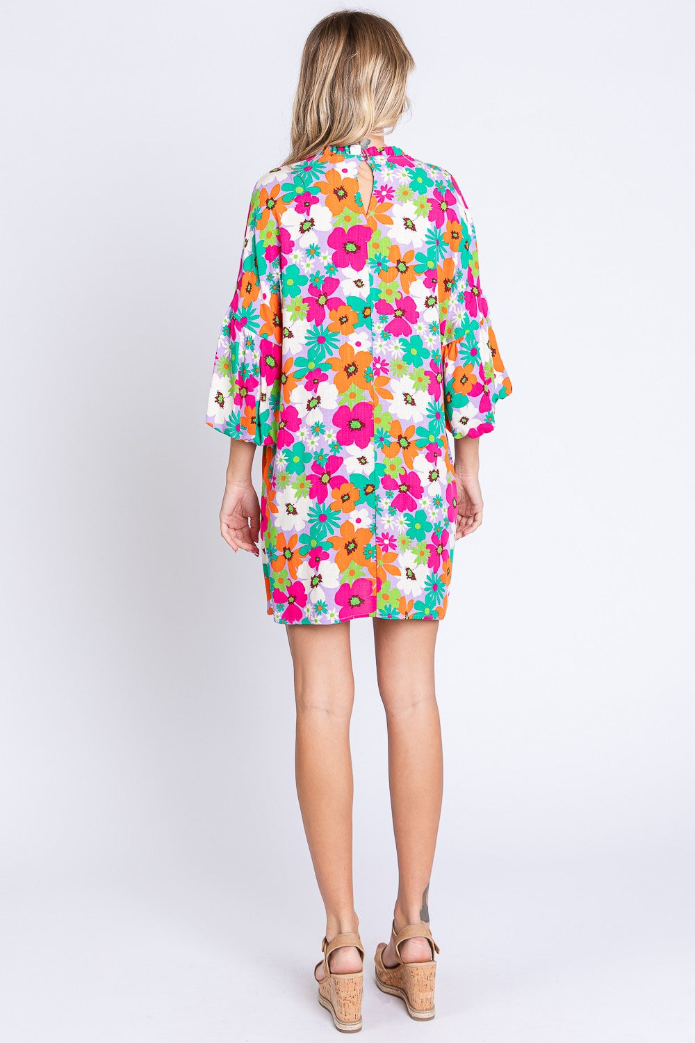 GeeGee Multi Floral Round Neck Lantern Sleeve Mini Dress Trendsi