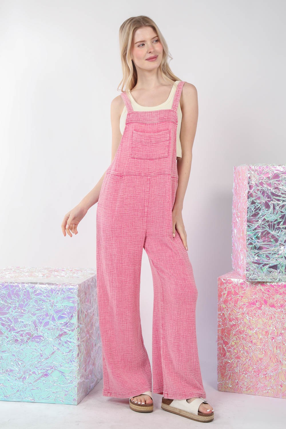 VERY J Hot Pink Textured Washed Wide Leg Overalls Trendsi