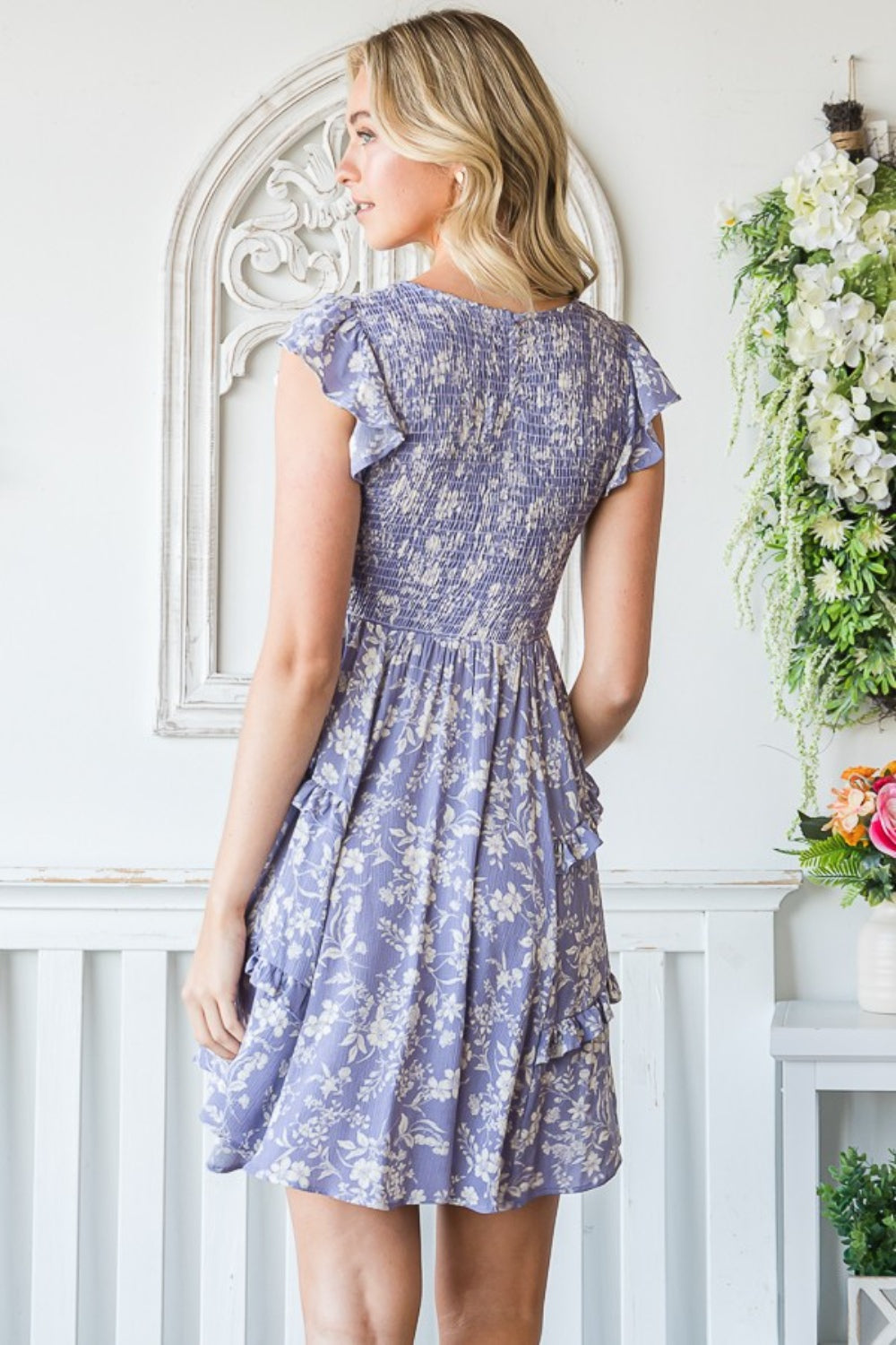 Reborn J Lavender Floral Ruffle Trim Smocked Mini Dress Trendsi