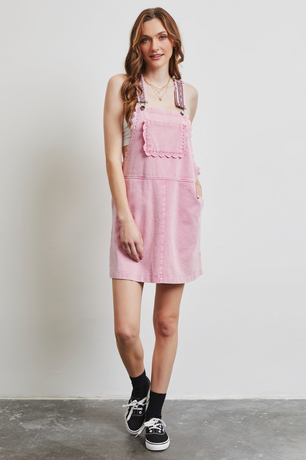 HEYSON Washed Pink Lace Trim Washed Overall Dress Trendsi