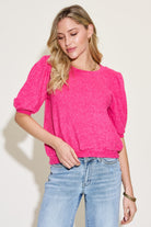 Zenana Fuchsia Round Neck Lantern Half Sleeve Sweater Trendsi