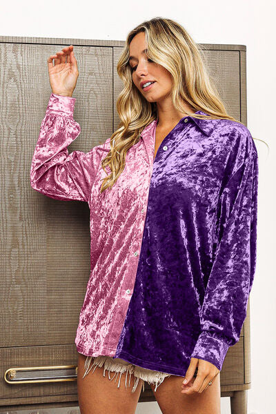 BiBi Lavender & Purple Velvet Contrast Button Up Long Sleeve Shirt Trendsi