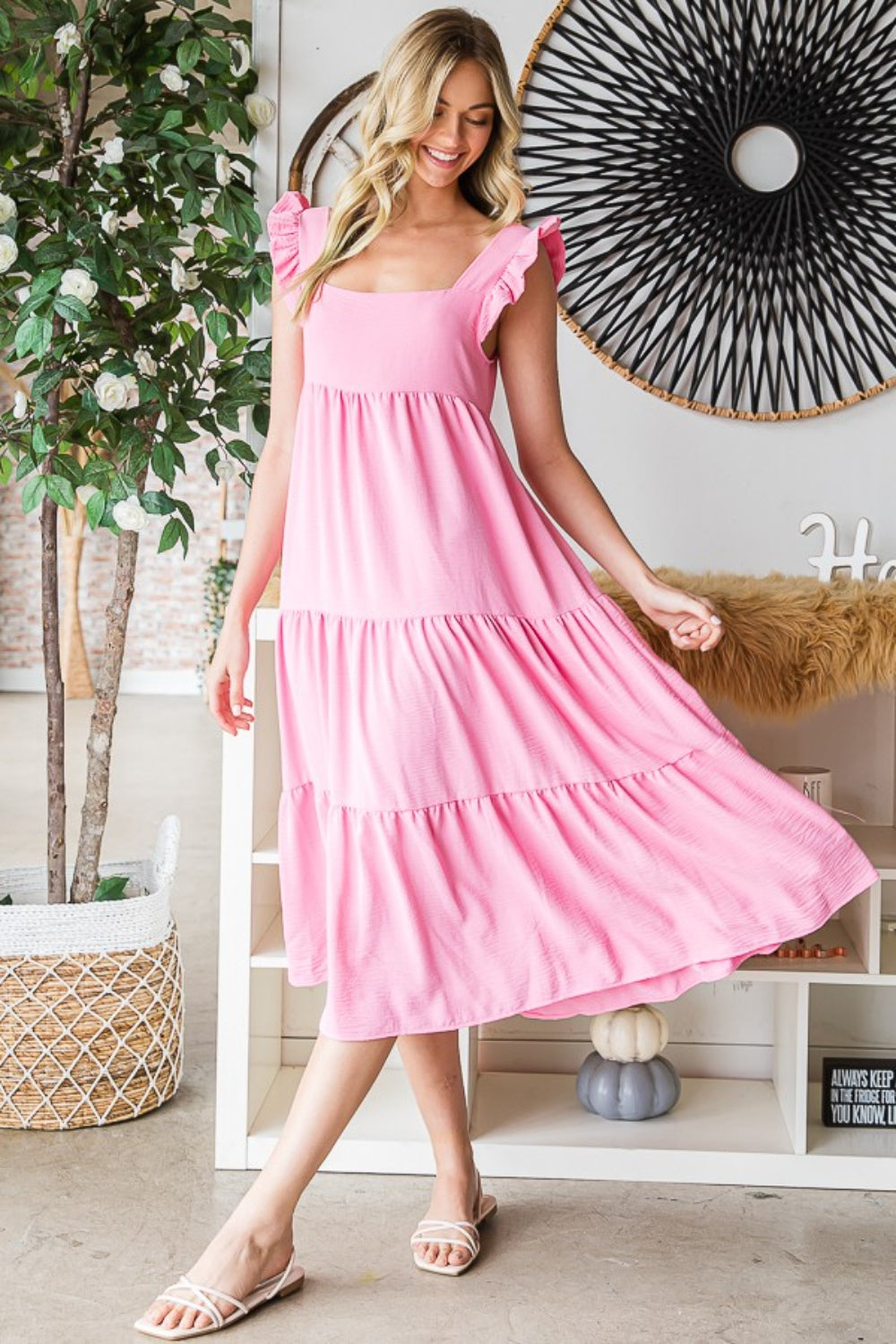 Reborn J Pink Ruffled Sleeveless Tiered Midi Dress Trendsi