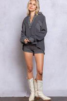 POL Navy Charcoal Texture Half Button Long Sleeve Top Trendsi