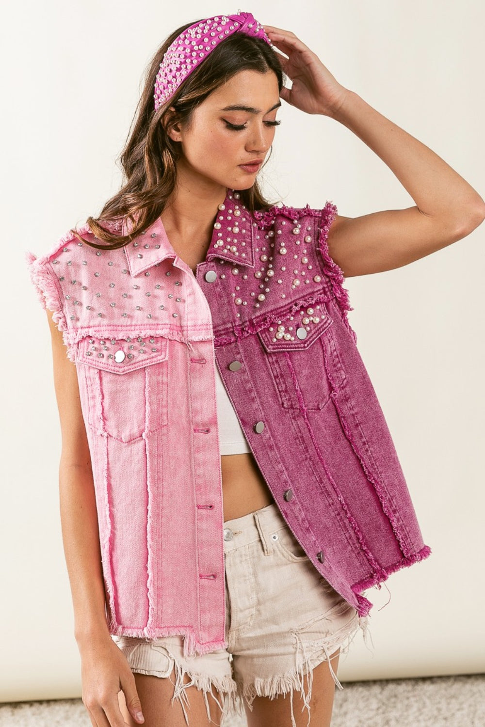 BiBi Pearl & Rhinestone Decor Contrast Raw Hem Vest Coat Pink/Fuchsia Trendsi