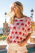 BiBi Star Pattern Round Neck Short Sleeve Knit Top Trendsi