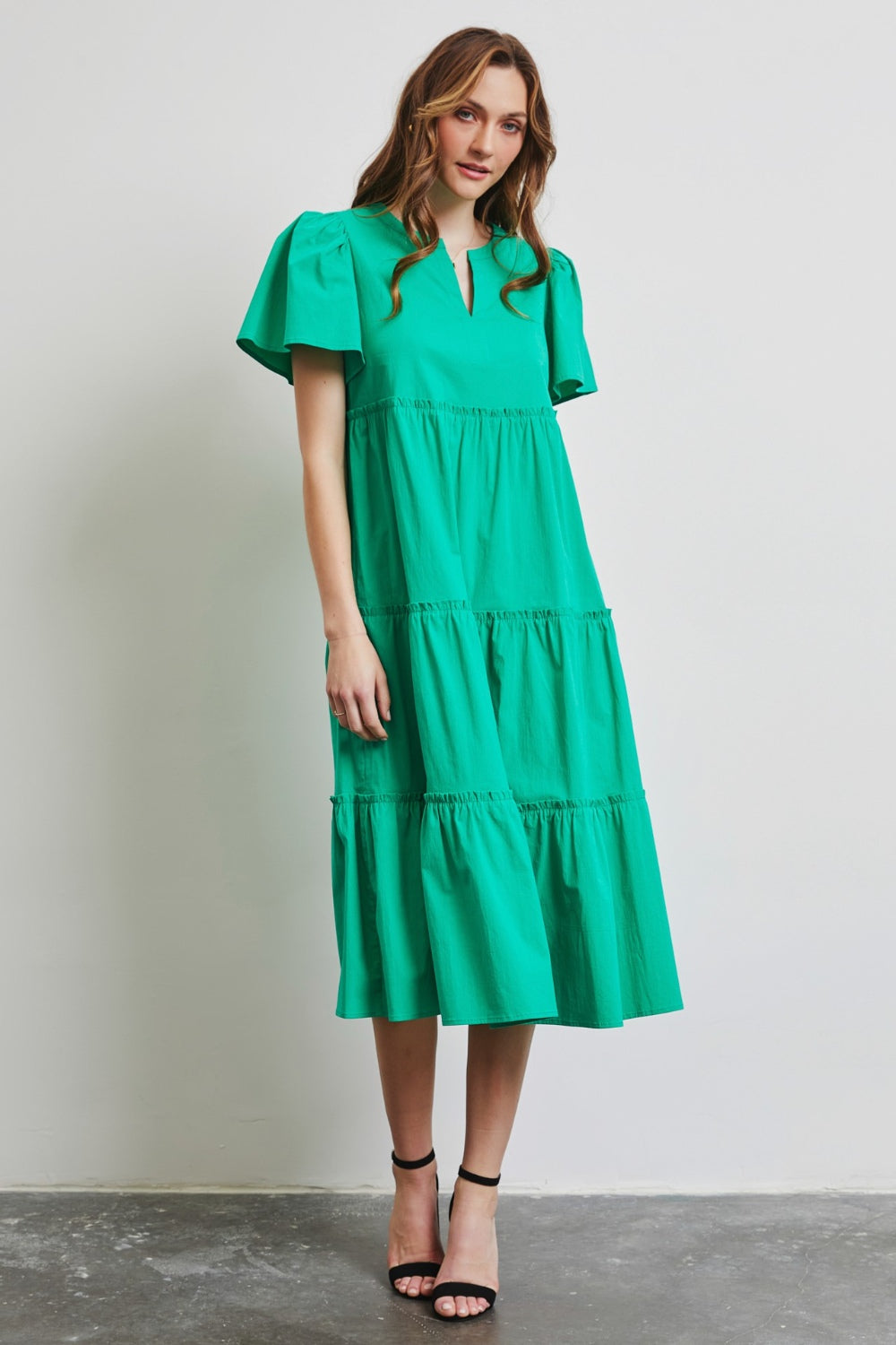 HEYSON Cotton Poplin Ruffled Tiered Midi Green Dress Trendsi