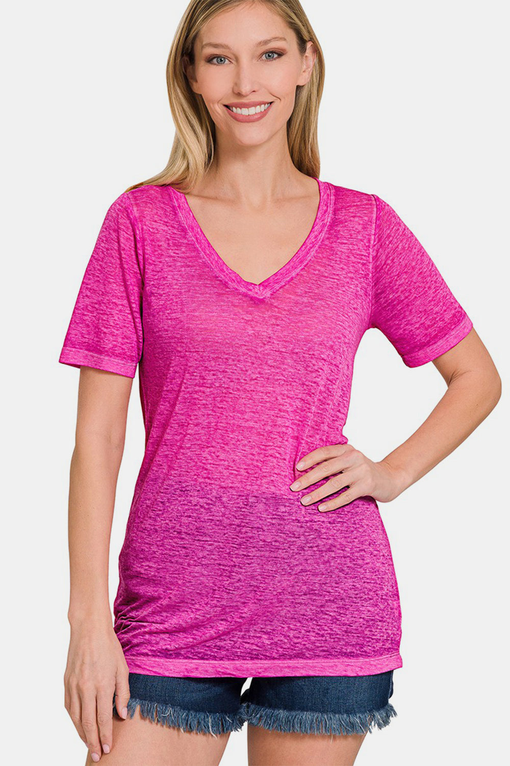 Zenana Hot Pink V-Neck Short Sleeve T-Shirt HOT PINK Trendsi