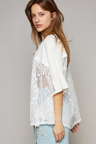 POL Off White Round Neck Short Sleeve Lace Top Trendsi