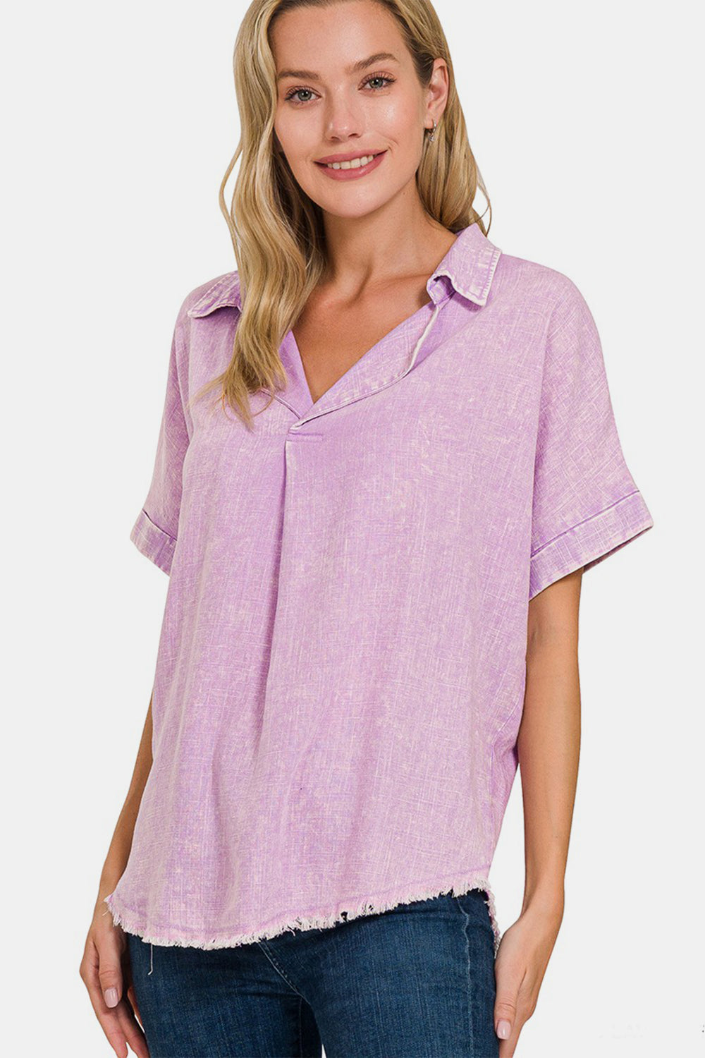 Zenana Bright Lavender Washed Linen Raw Hem V-Neck Shirt BLAVENDER Trendsi