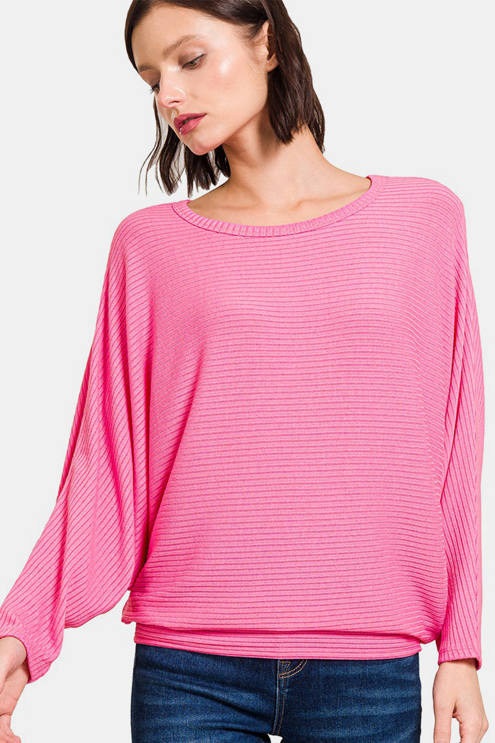 Zenana Candy Pink Ribbed Round Neck Long Sleeve Top CANDY PINK Trendsi