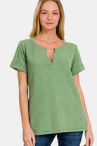 Zenana Waffle Notched Short Sleeve T-Shirt DK GREEN Trendsi