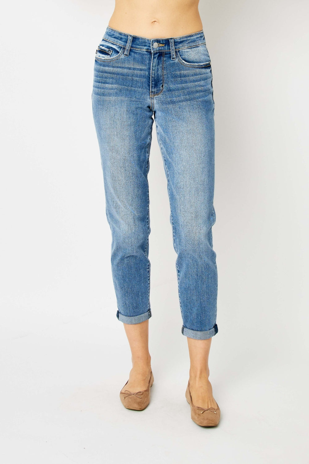 Judy Blue Medium Wash Cuffed Hem Slim Jeans Trendsi