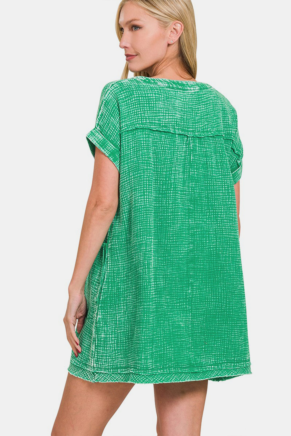 Zenana Kelly Green Washed Notched Short Sleeve Mini Dress Trendsi