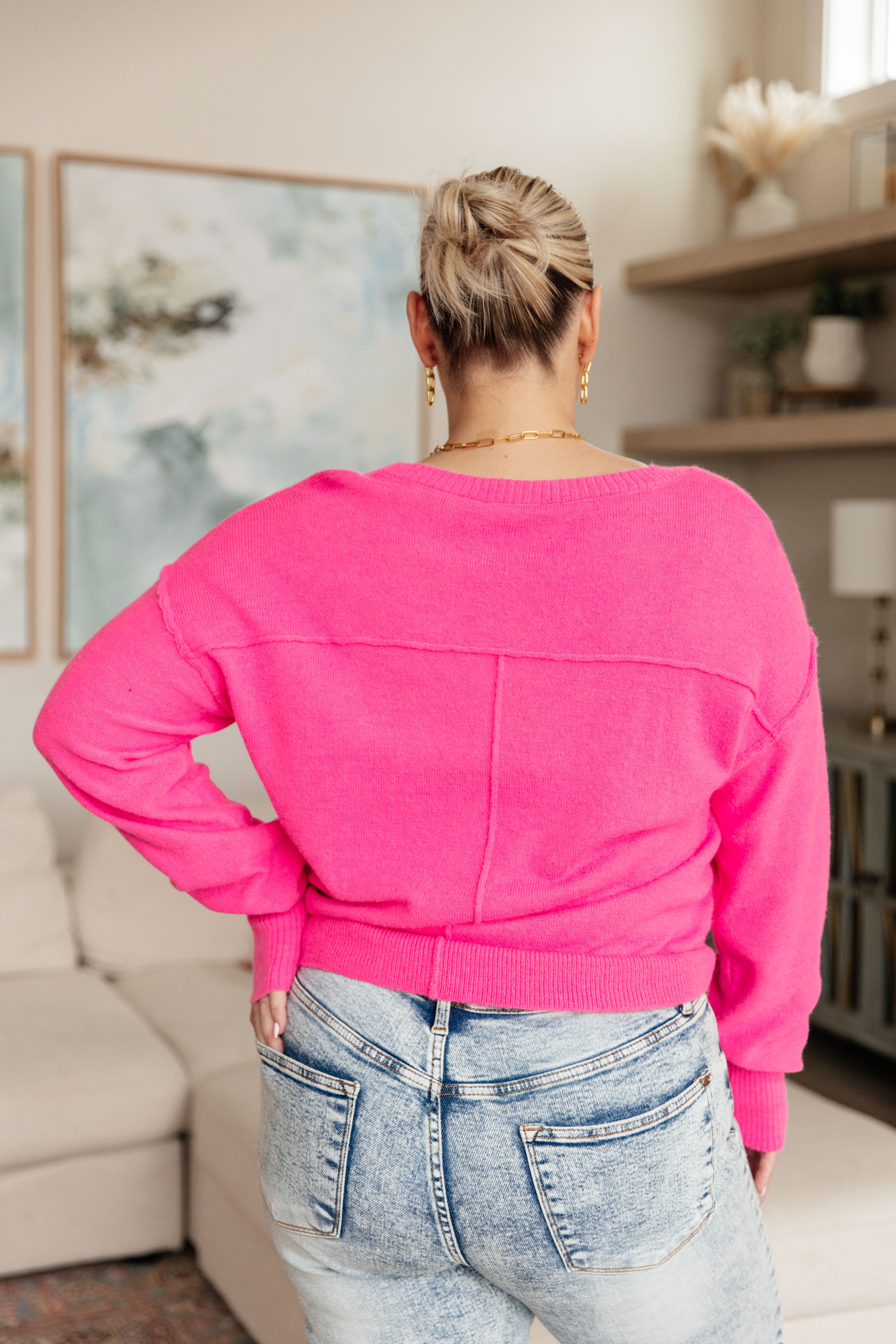 GeeGee Back to Life V-Neck Sweater in Pink Ave Shops
