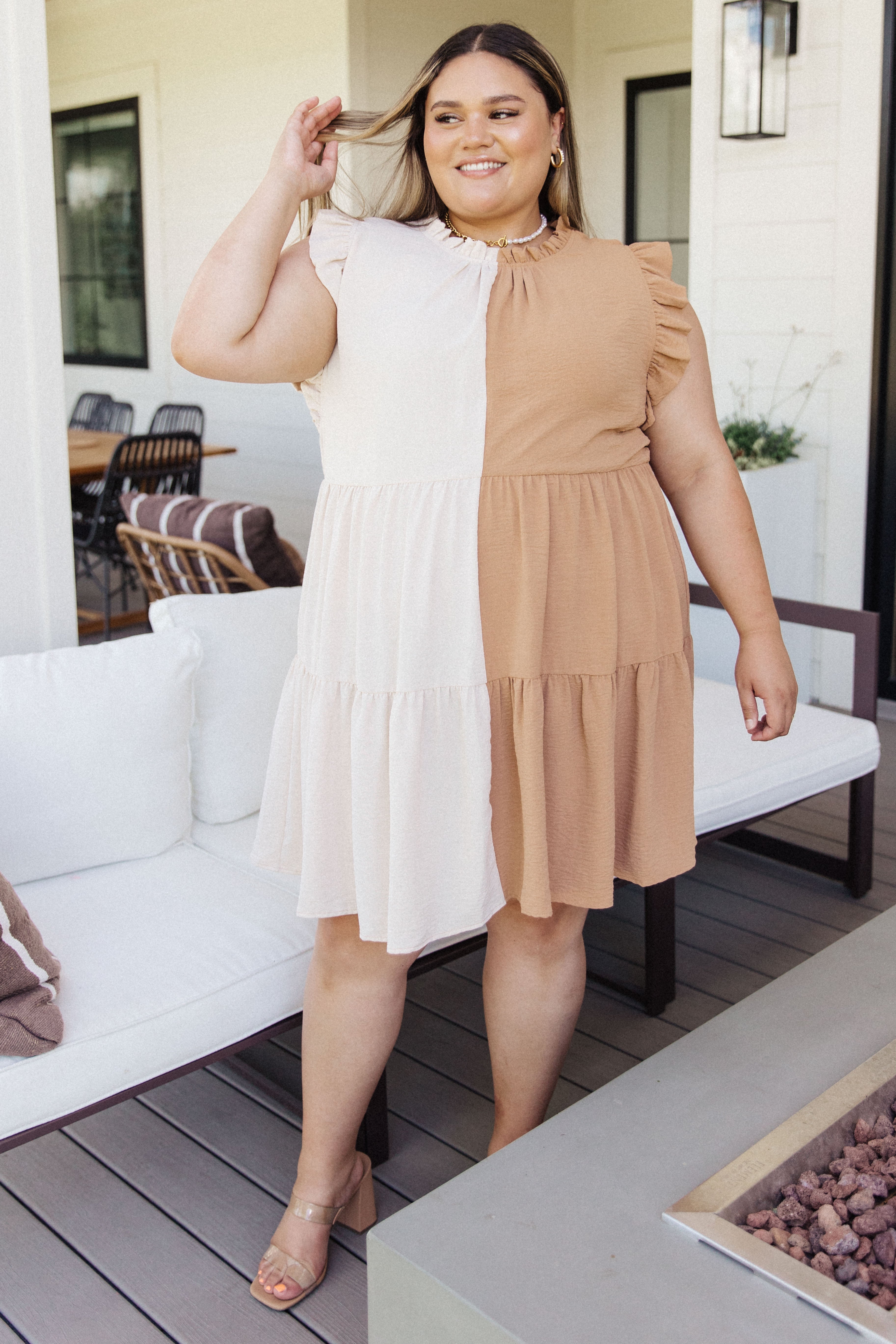 JODIFL Taupe & Beige Color Block Break Even Ruffled Tiered Dress Bogo Free