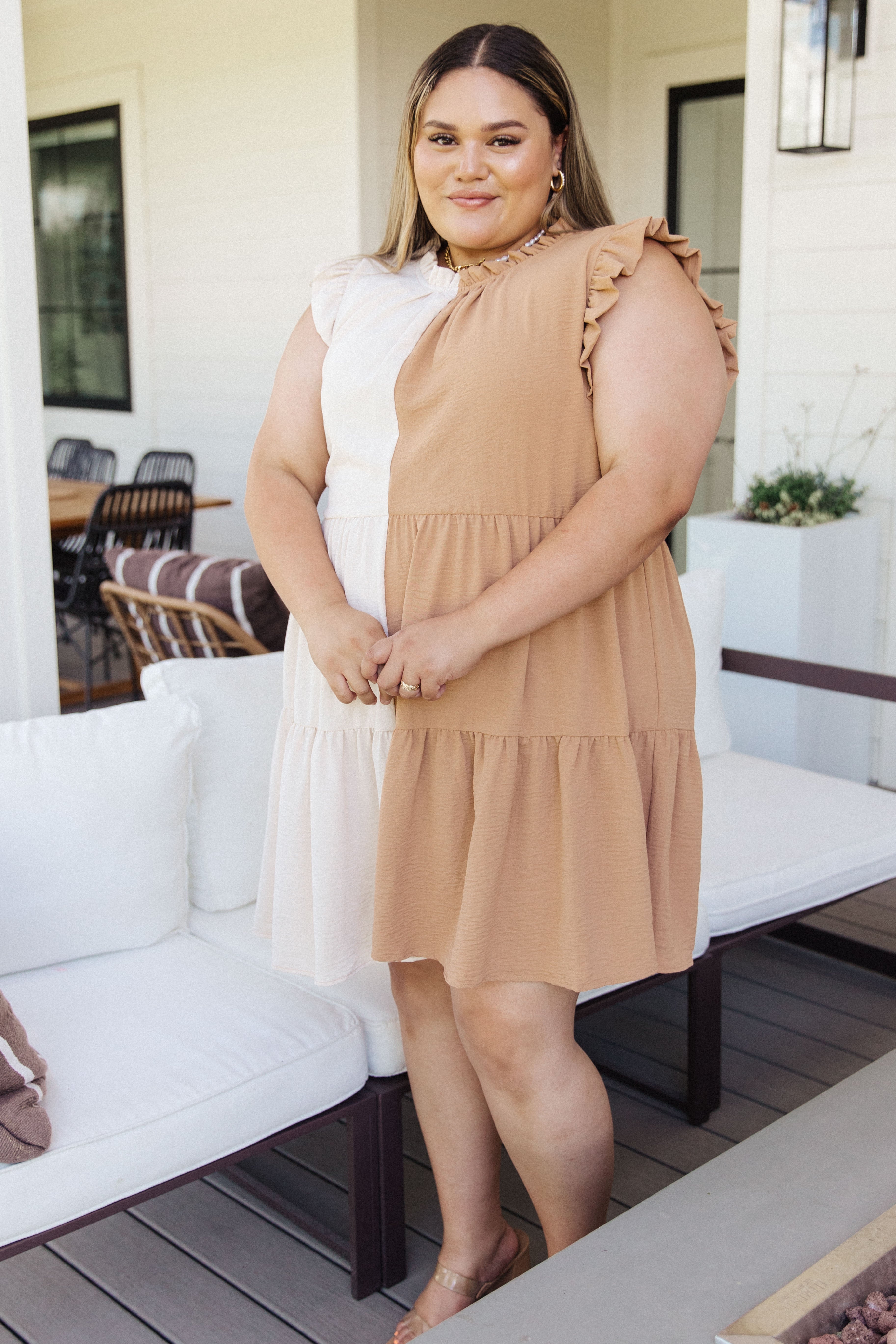 JODIFL Taupe & Beige Color Block Break Even Ruffled Tiered Dress Bogo Free