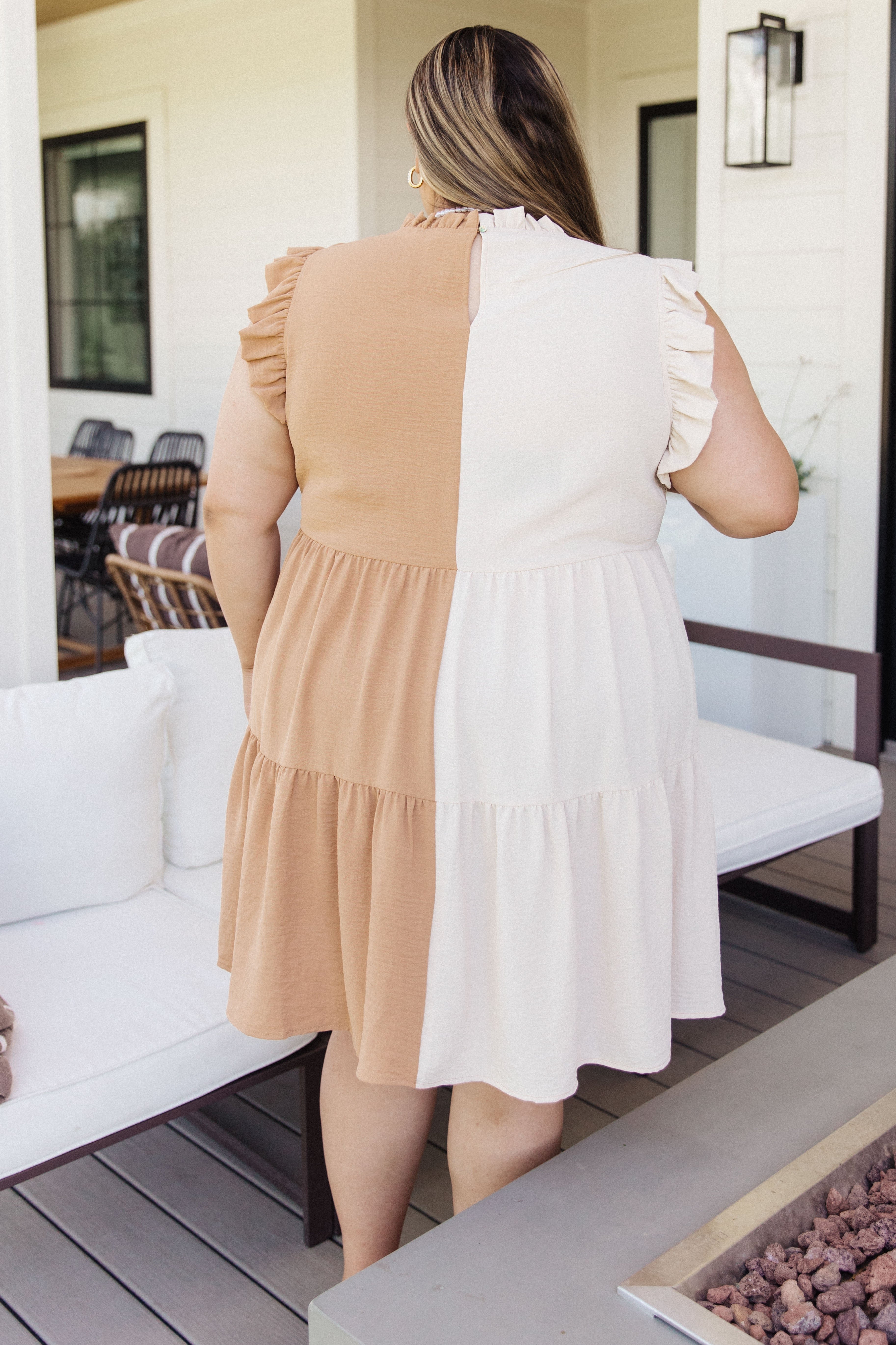 JODIFL Taupe & Beige Color Block Break Even Ruffled Tiered Dress Bogo Free