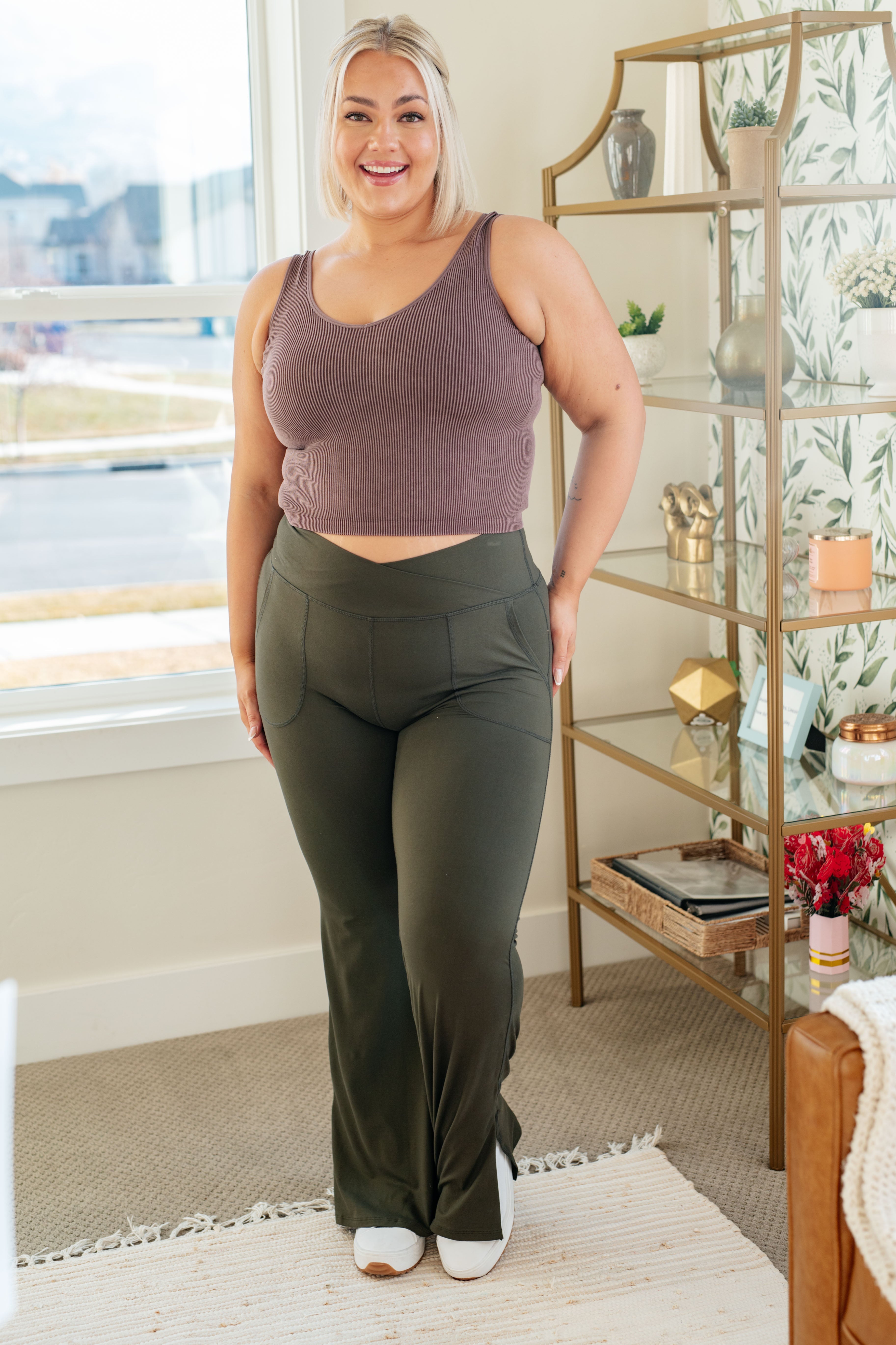 Rae Mode On the Move V Front Flare Leggings in Olive Ave Shops