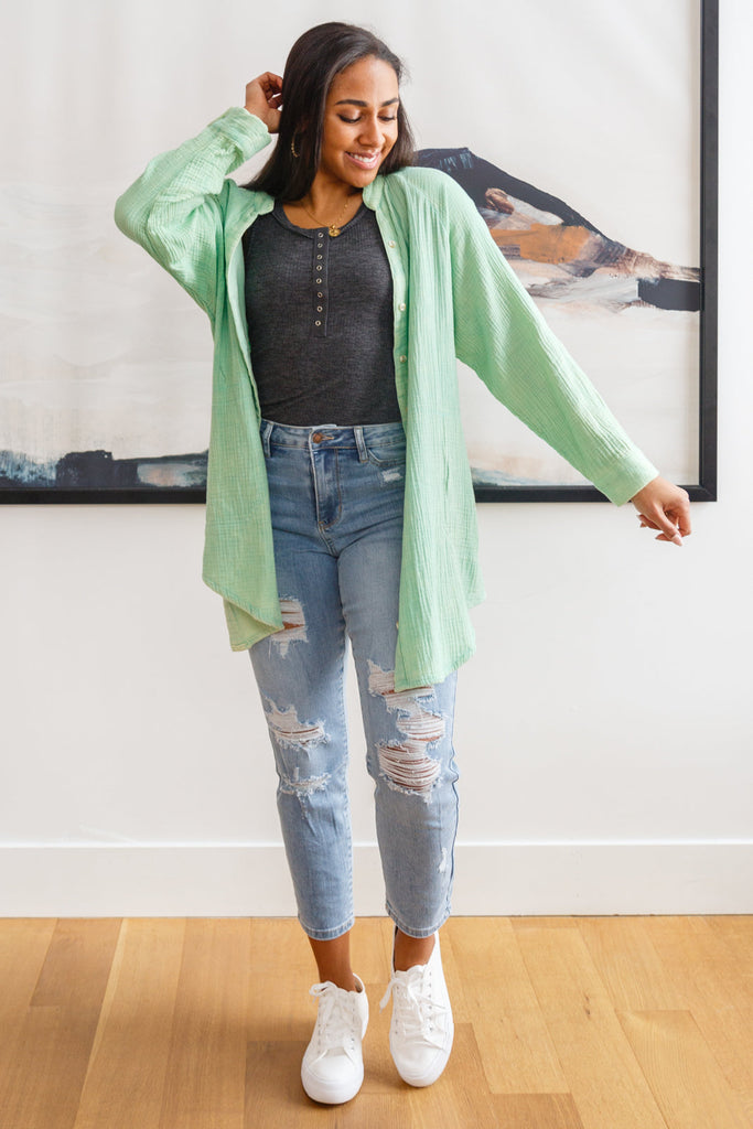 White Birch Corey Button Up Top In Vintage Green Ave Shops