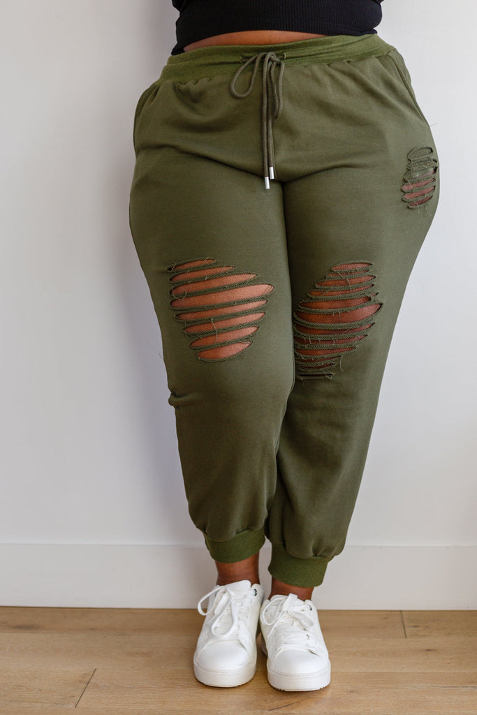 White Birch Kick Back Distressed Joggers in Olive Ave Shops