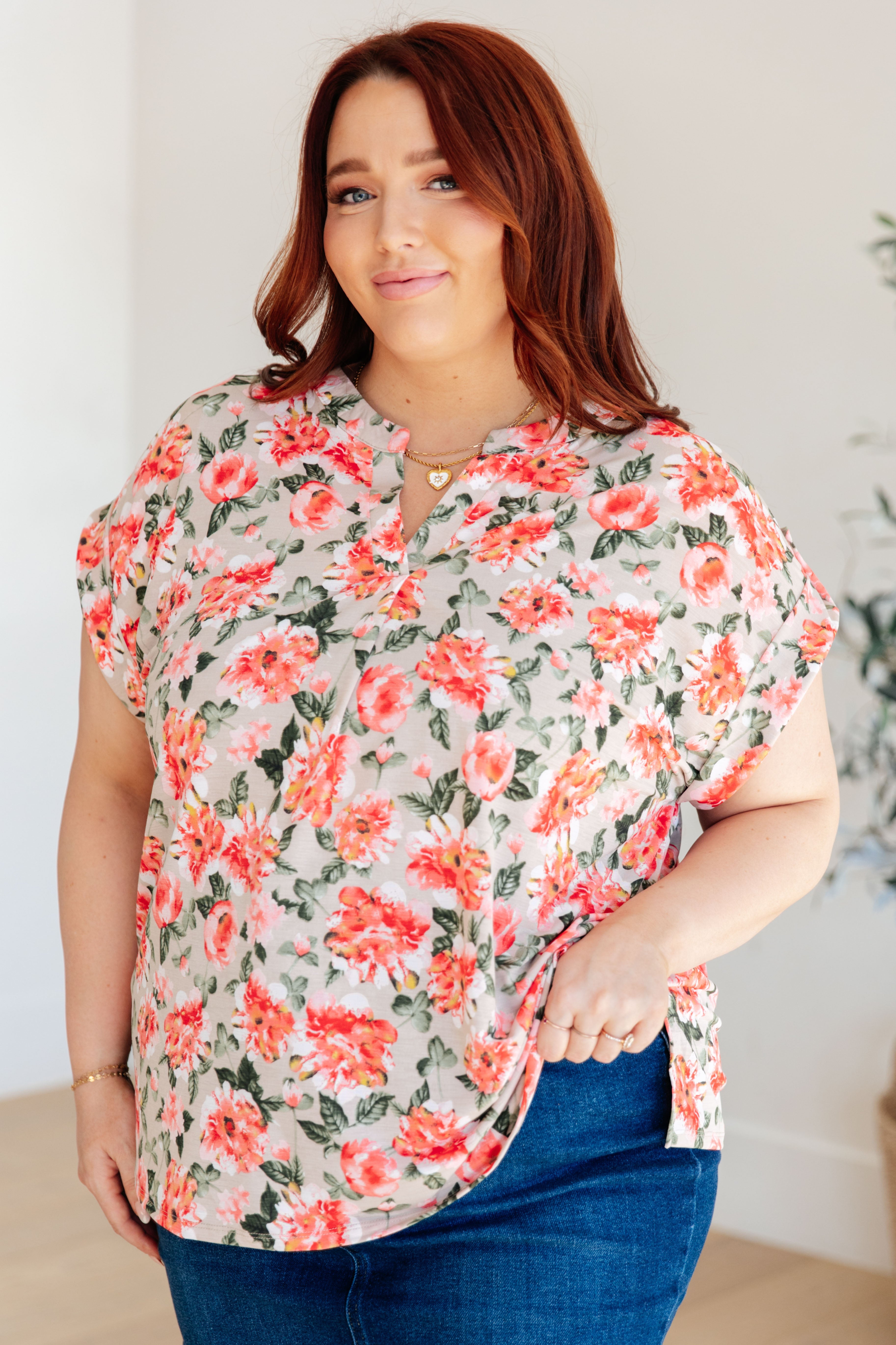 Dear Scarlett Lizzy Cap Sleeve Top in Coral and Beige Floral Final Sale Monday Markdown 06-04