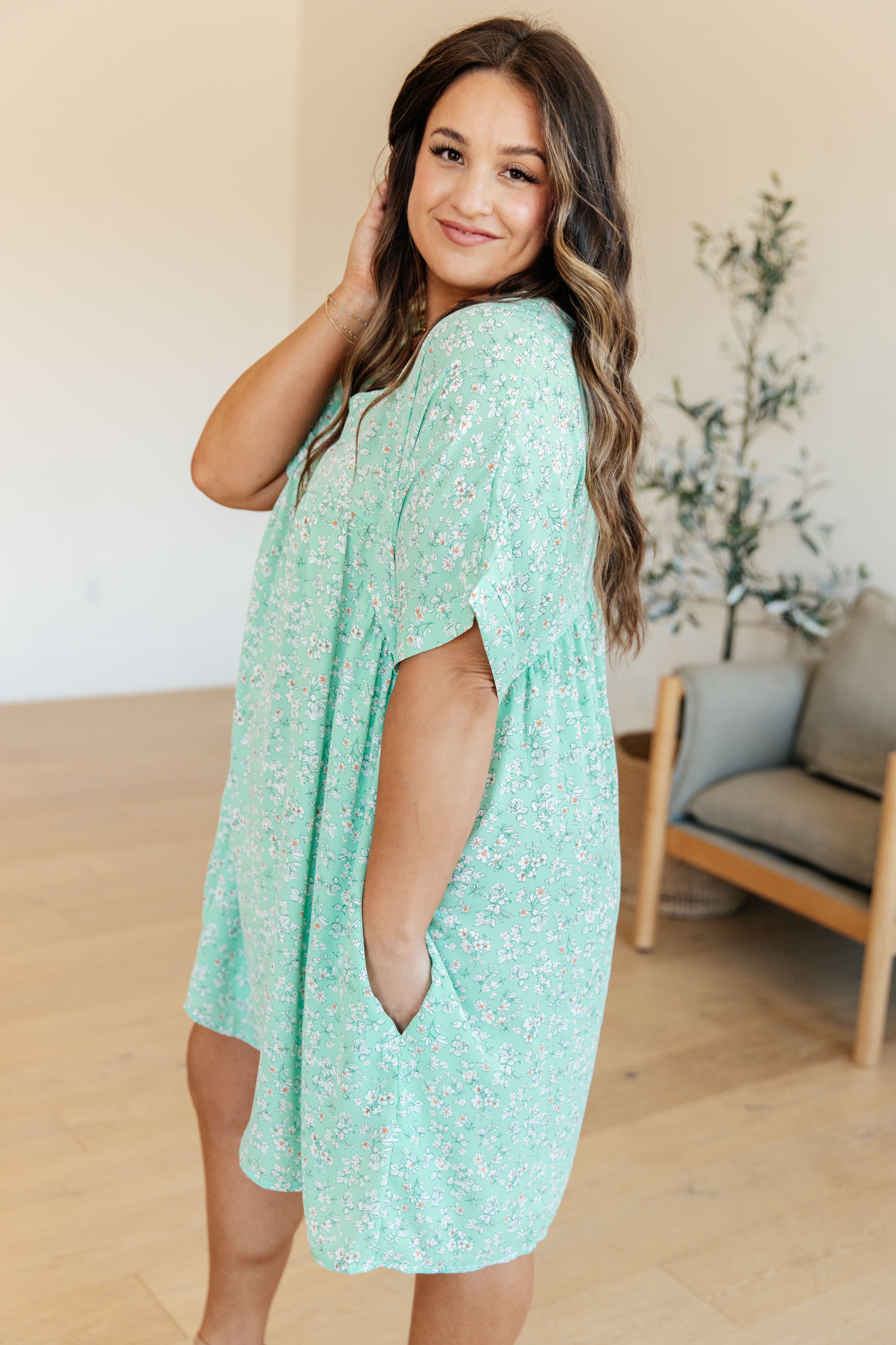 Haptics Rodeo Lights Dolman Sleeve Dress in Mint Floral Ave Shops 3-12-24