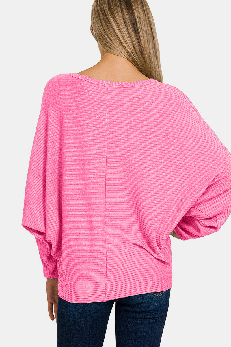 Zenana Candy Pink Ribbed Round Neck Long Sleeve Top Trendsi