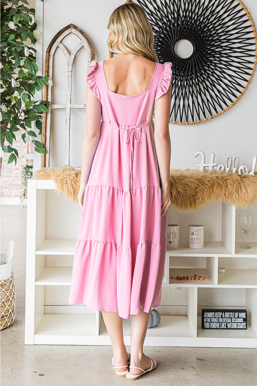 Reborn J Pink Ruffled Sleeveless Tiered Midi Dress Trendsi
