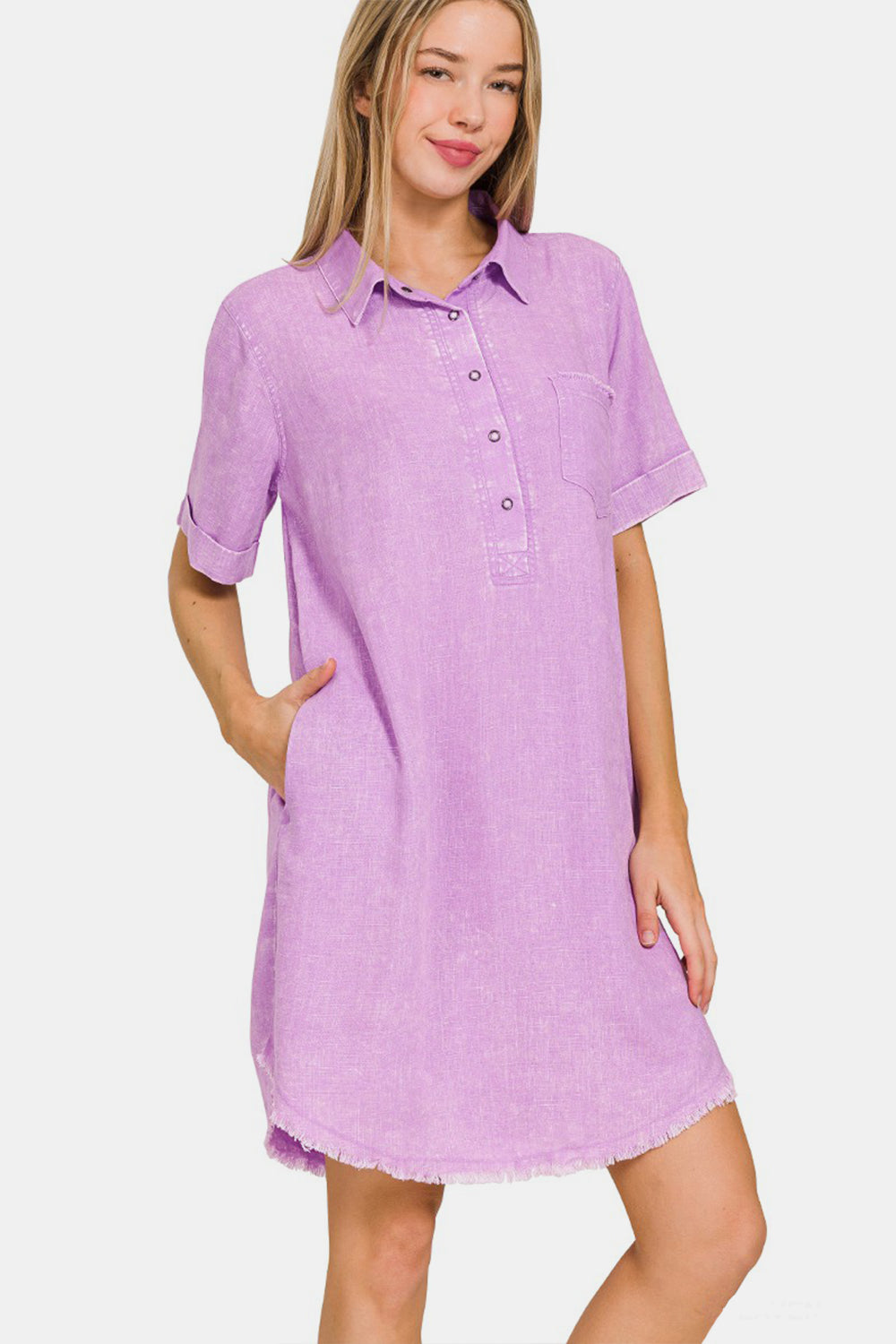 Zenana Bright Lavender Washed Linen Raw Hem Dress with Pockets BLAVENDER Trendsi