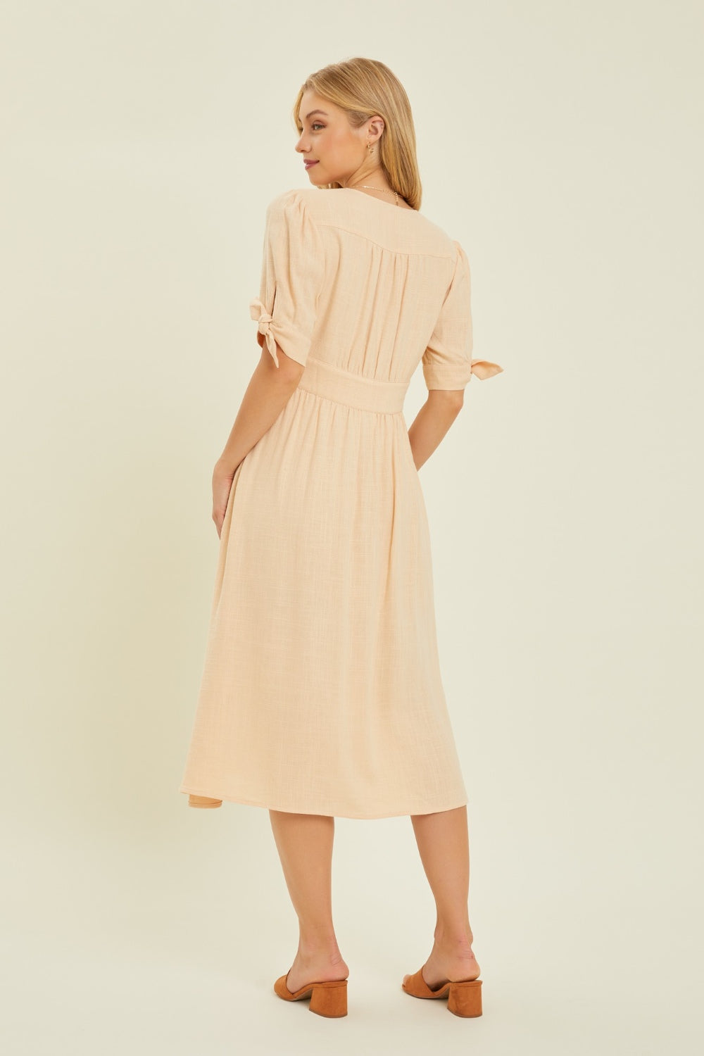 HEYSON Textured Linen V-Neck Button-Down Cream Midi Dress Trendsi