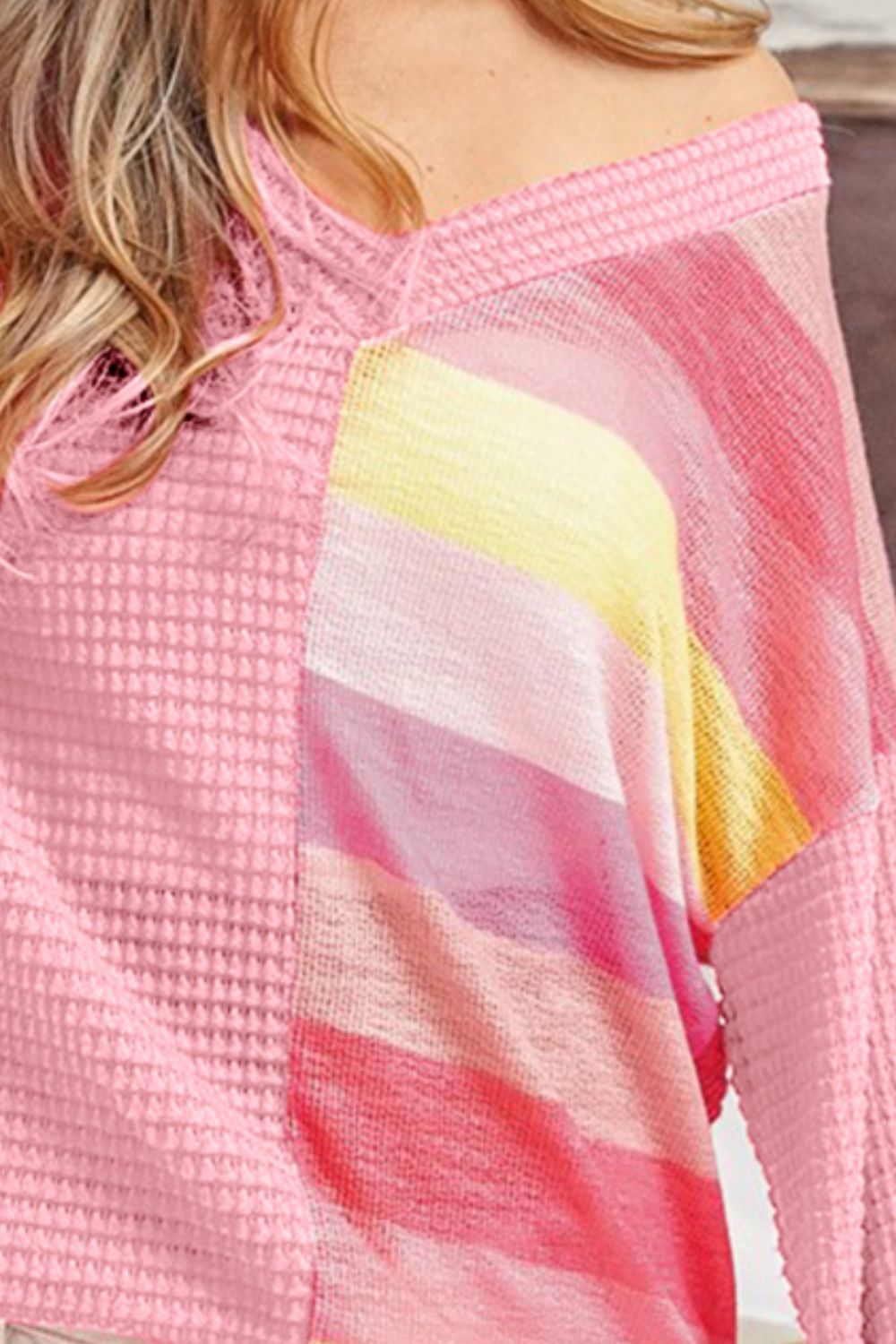 BiBi Pink Striped Contrast Waffle Long Sleeve Top Trendsi