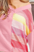 BiBi Pink Striped Contrast Waffle Long Sleeve Top Trendsi