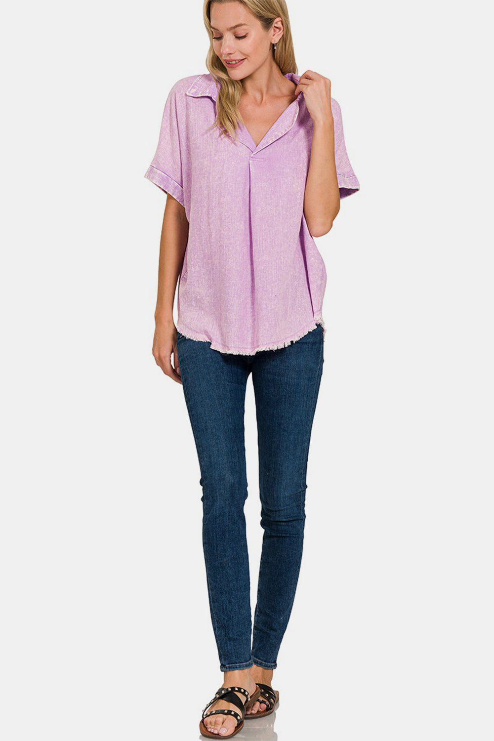 Zenana Bright Lavender Washed Linen Raw Hem V-Neck Shirt Trendsi