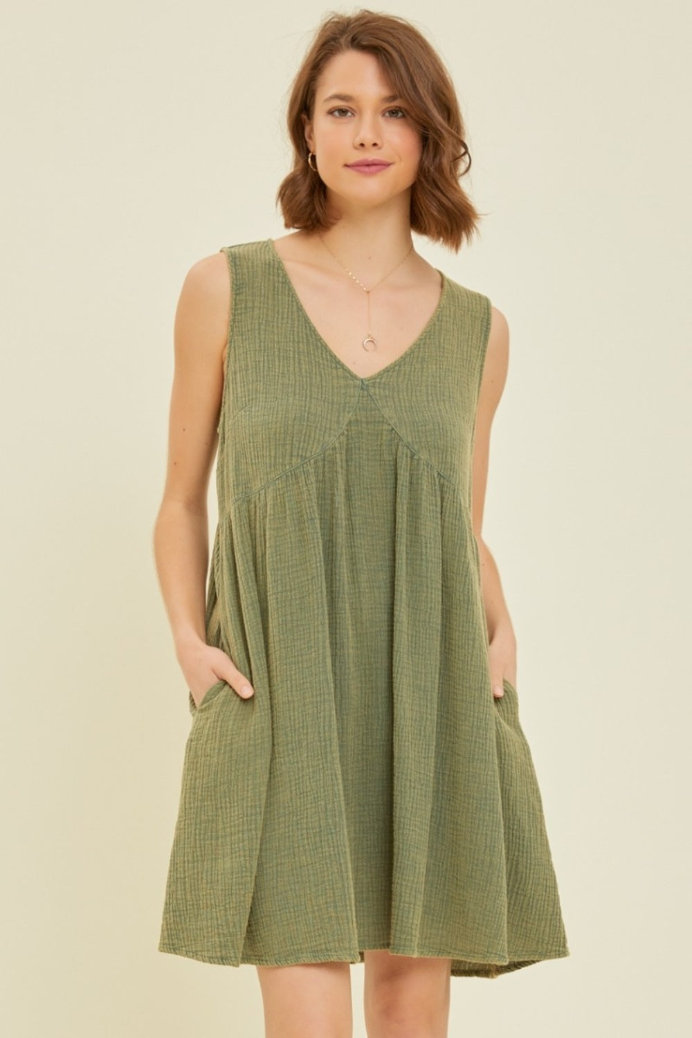 HEYSON Green Texture V-Neck Sleeveless Flare Mini Dress Green Trendsi