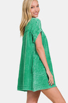 Zenana Kelly Green Washed Notched Short Sleeve Mini Dress Trendsi