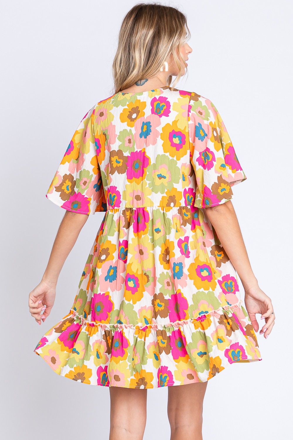 GeeGee Floral V-Neck Ruffle Hem Mini Dress Trendsi