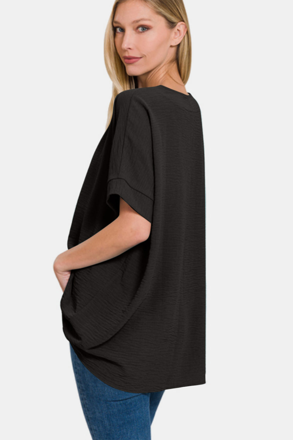 Zenana Black Airflow V-Neck Short Sleeve Top Trendsi