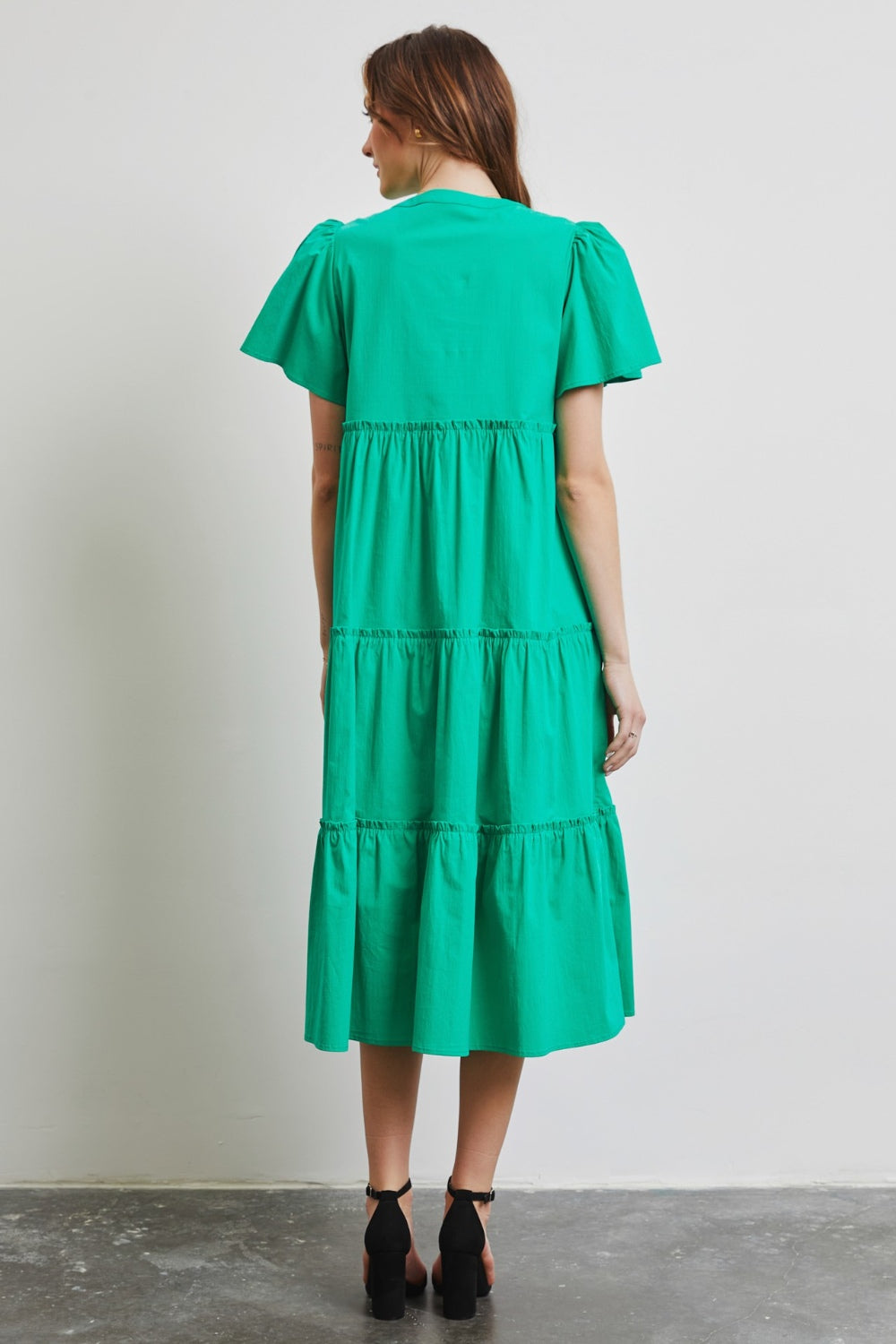 HEYSON Cotton Poplin Ruffled Tiered Midi Green Dress Trendsi