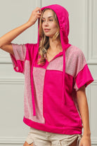 BiBi Fuchsia Color Block Exposed Seam Short Sleeve Hooded Top FUCHSIA Trendsi