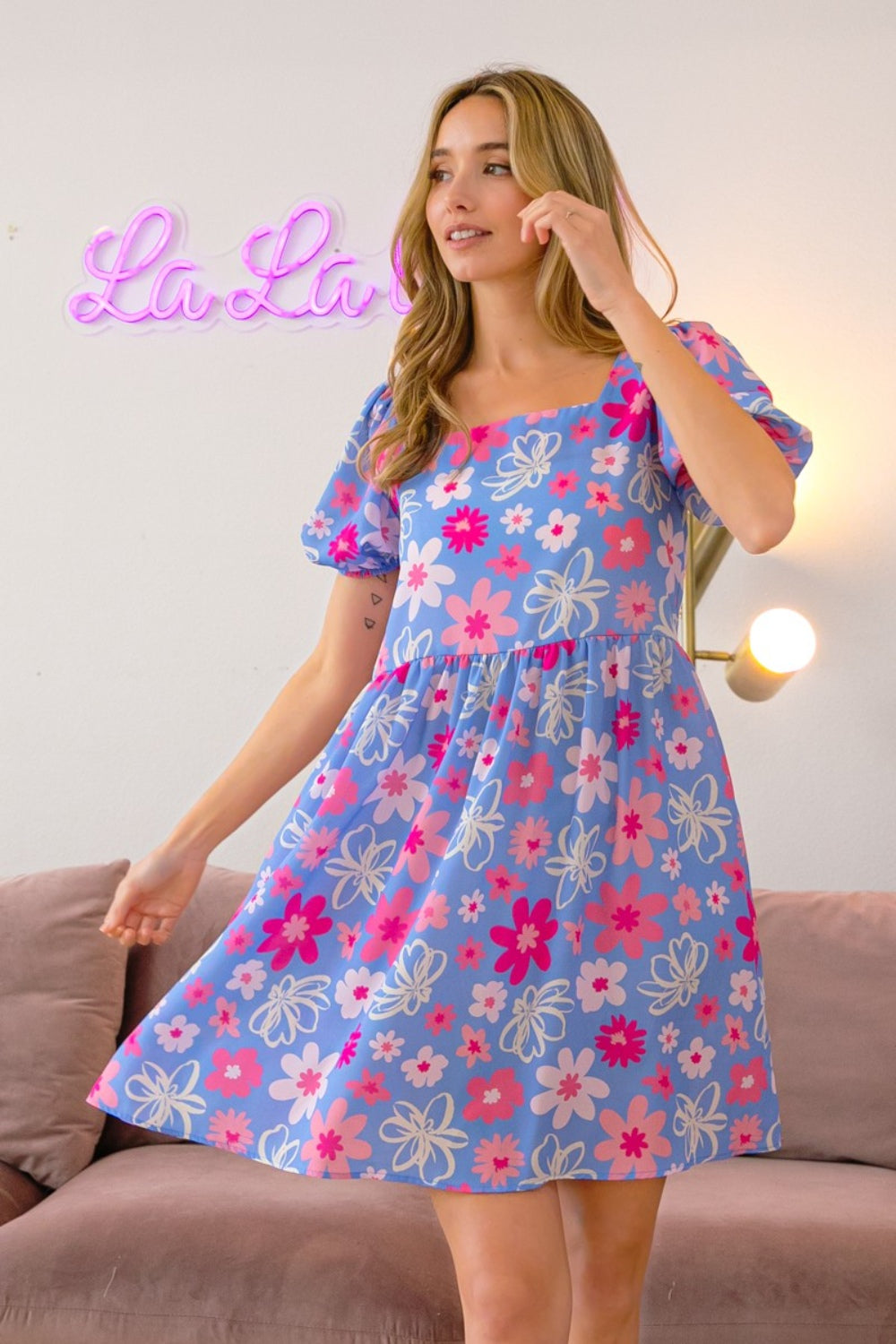 BiBi Floral Puff Sleeve Mini Dress Trendsi