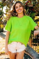 BiBi Neon Green Textured Round Neck Short Sleeve Knit Top Neon Green Trendsi