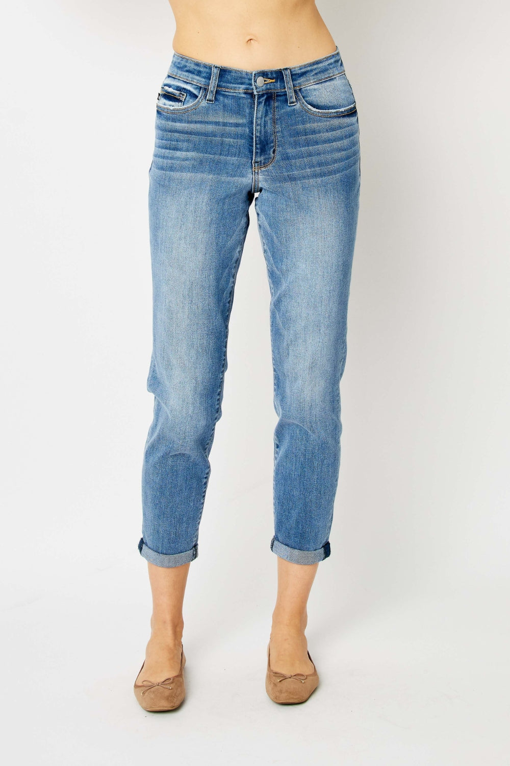 Judy Blue Medium Wash Cuffed Hem Slim Jeans Medium Trendsi