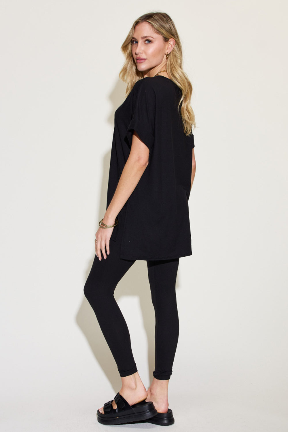 Zenana Plus Size Short Sleeve Slit T-Shirt and Leggings Lounge Set Trendsi
