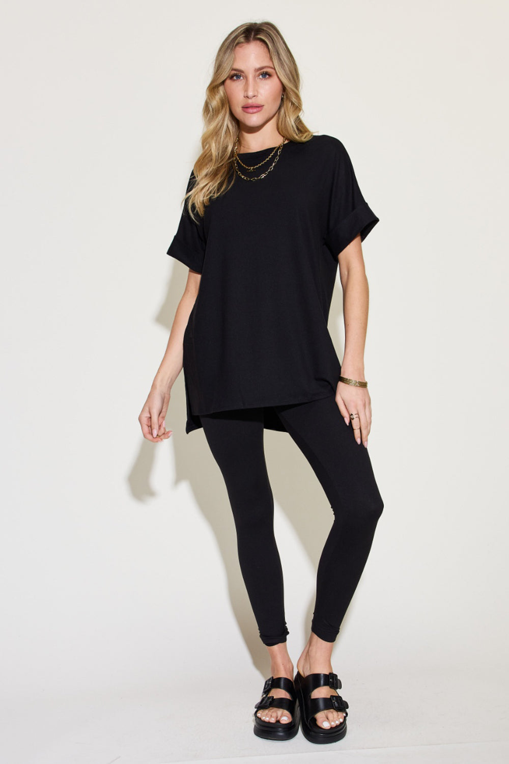 Zenana Plus Size Short Sleeve Slit T-Shirt and Leggings Lounge Set Trendsi