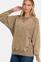 Zenana Pocketed Round Neck Sweatshirt MOCHA Trendsi