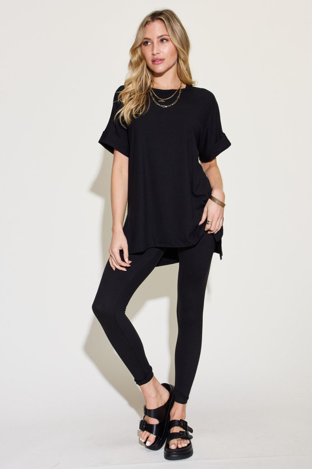 Zenana Plus Size Short Sleeve Slit T-Shirt and Leggings Lounge Set Black Trendsi