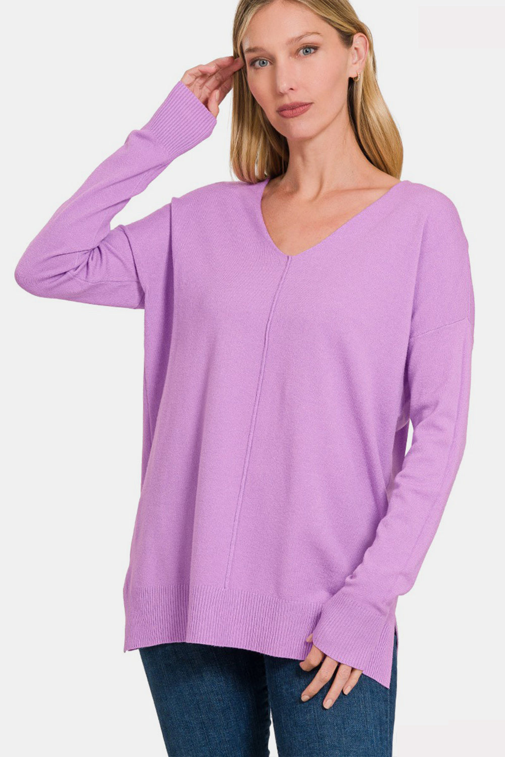Zenana Slit V-Neck Dropped Shoulder Sweater BLAVENDER Trendsi