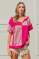 BiBi Fuchsia Color Block Exposed Seam Short Sleeve Hooded Top Trendsi